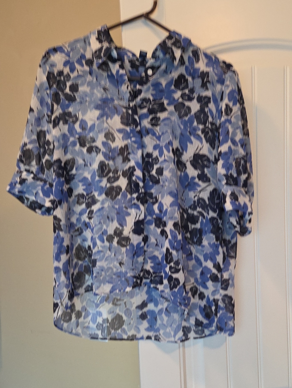 Chaps Blue and Black Floral Button-Up Blouse
